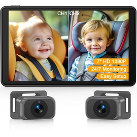 Baby Car Camera for 2 Kids - 7-Inch Split-Screen Monitor, Dual HD 1080P Cameras, Night Vision, 360° Rotatable, Easy Install Backseat Camera for Safety & Convenience - Perfect for Twins or Siblings
