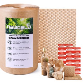 Neworld Honeycomb Packing Paper,12" x 800' Eco Friendly Bubble Cushioning Wrap for Moving,Products & Gifts Wrapping Paper,Recyclable Cushioning Packing Material With 20 Fragile Sticker Labels