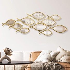 BECHAEO 3D Coastal Large Metal Fish Mirror Wall Decor 41"x 15" Fish Decorative Mirror Sculpture Gold Metal Wall Art Ocean Deco for Living Dining Room Bathroom Bedroom Entryway