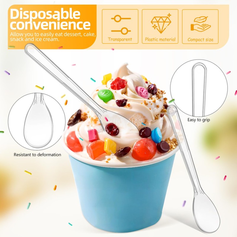 Clear Disposable Dessert Spoons 100 pack Individually Wrapped Mini Tasting