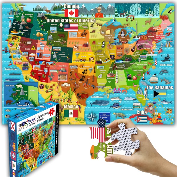 Think2Master Colorful United States Map 100 Pieces Jigsaw Puzzle Fun Educational Toy for Kids, School & Families. Great Gift for Boys & Girls Ages 4-8 to Stimulate Learning of USA. Size:23.4” X 16.5”