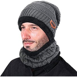 SailbSalab Winter Hat Warm Knitted Beanie Hat Neck Warmer Scarf 2 Pcs Set with Double-Layer Fleece Lining for Men Women (Grey)
