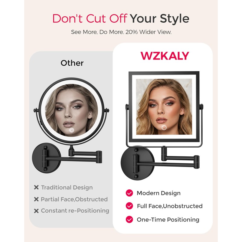 WZKALY Rechargeable Wall Mounted Makeup Mirror with Lights, 4000mAh Double