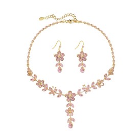 Sweet Pink Rhinestone Flower Leaf Y Shaped Necklace Dangle Earrings for Women Luxury Fashion Crystal Floral 2 Piece Bridal Jewelry Set Weddings Prom Party Cocktail Brides Bridesmaids Costume