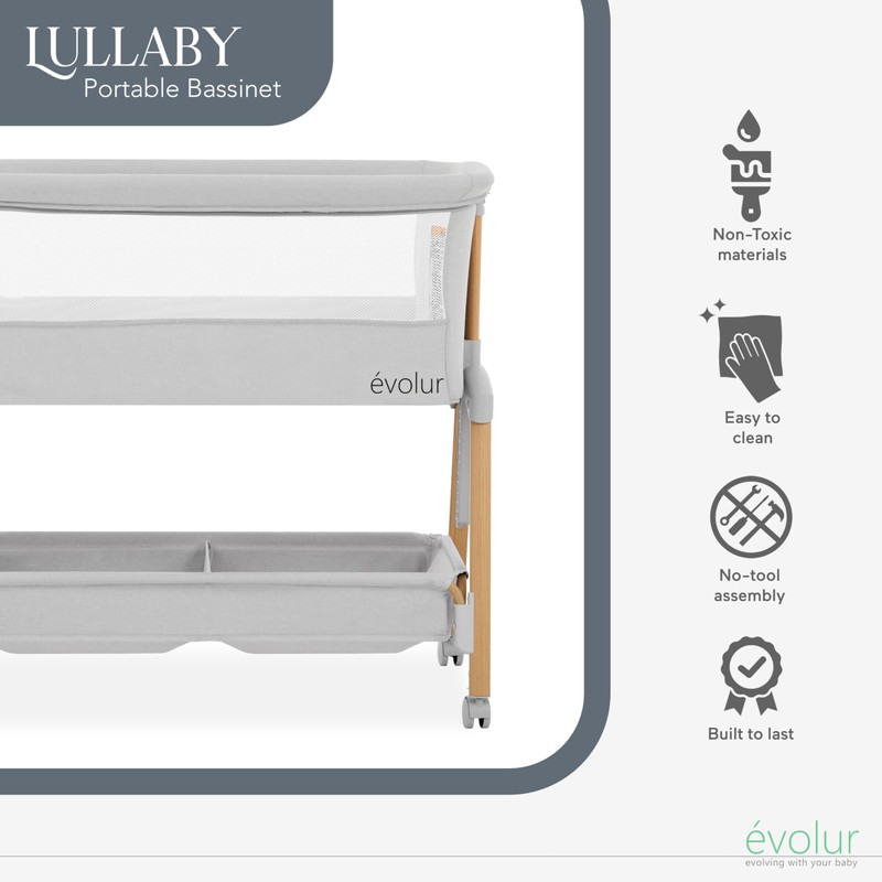 Evolur Lullaby Bedside Bassinet with Wheels, Seven Adjustable Heights, Breathable