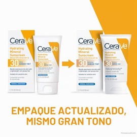 CeraVe Protector solar mineral hidratante SPF 30 con tinte transparente, protector solar mineral tintado con óxido de zinc y dióxido de titanio, se me