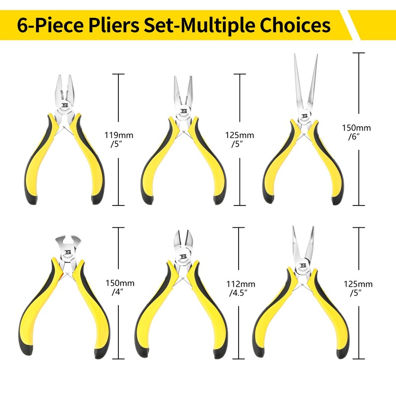 BOSI TOOLS 6-piece Mini Pliers Set, Needle Nose Pliers, Diagonal