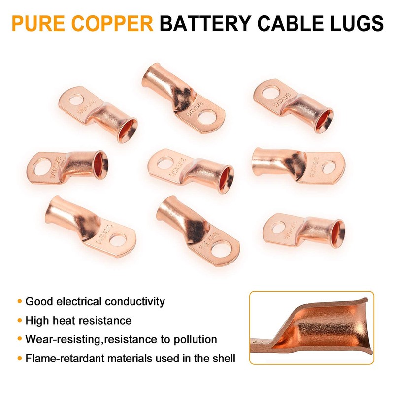 SVAAR 10pcs 00 Gauge Copper Lugs 2/0 AWG-3/8" Ring Terminal