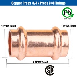 WHK 10 PackS 3/4" Press Propress x 3/4" Copper coupling Adater Fittings Connect From Cooper to Cooper Pipe(Lead-Free,No Stop)