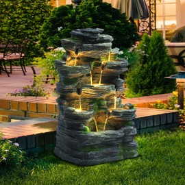 MAGIC UNION 7-Tier Cascading Rock Water Fountain, Outdoor Freestanding Fountains with LED Lights and Pump, Outdoor Garden Waterfall Decor for Patio, Yard and Deck Decor, Natural Stone Look (24" H)