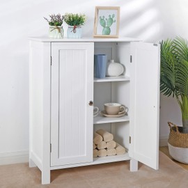 Saicool Bathroom Floor Storage Cabinet,Modern Wooden Storage Organizer Unit, 3-Tier Freestanding Console Table w/Adjustable Shelves,Bathroom,Living Room Furniture Home Decor, White