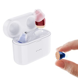 Rechargeable Invisible Hearing Aids for Seniors & Adults, Noise Cancelling, With Portable Charging Case, Blue & Red