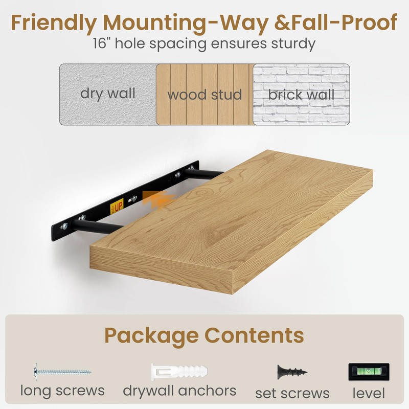 48 Inch Long Floating Shelves Oak, 9.3" Deep Floating Shelf