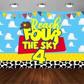 Reach Four The Sky Birthday Banner Backdrop Blue Sky Clouds Cartoon Story 4th Birthday Party Supplies Decorations Reach Four The Sky Birthday Decorations for Boys (Blue Reach 4 Sky)