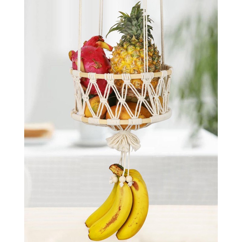 SAUNNIHEN 3-Tier Hanging Fruit Basket, Bamboo Hanging Basket Fruit, Space-Saving
