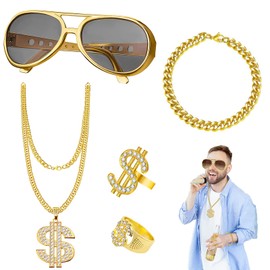 5 Pieces Necklace Dollar Ring Gold Chain Bracelet 80s 90s Rapper Accessories for Men Costume Set Carnival Accessories for Men Fancy Dress Set Party Photo Props