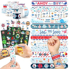 96 PCS Nautical Party Favors Set - 72 Pre-Cut Temporary Tattoos & 24 Slap Bracelets for Kids, Perfect for Baby Shower Decorations, Birthday Parties & “Ahoy It’s a Boy” Celebrations