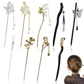 9 Pcs Chinese Hair Stick, Vintage Hair Chopsticks, Butterfly Flower Dangle Tassel Hairpins Chinese Hanfu Hair pin Chignon Pin for Women