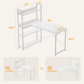 CubiCubi Computer Corner Desk with Storage Shelves, 47 Inch L Shaped Desk with Bookshelf, Home Office Writing Desk with Hooks, Small L Study Table, Rustic Brown