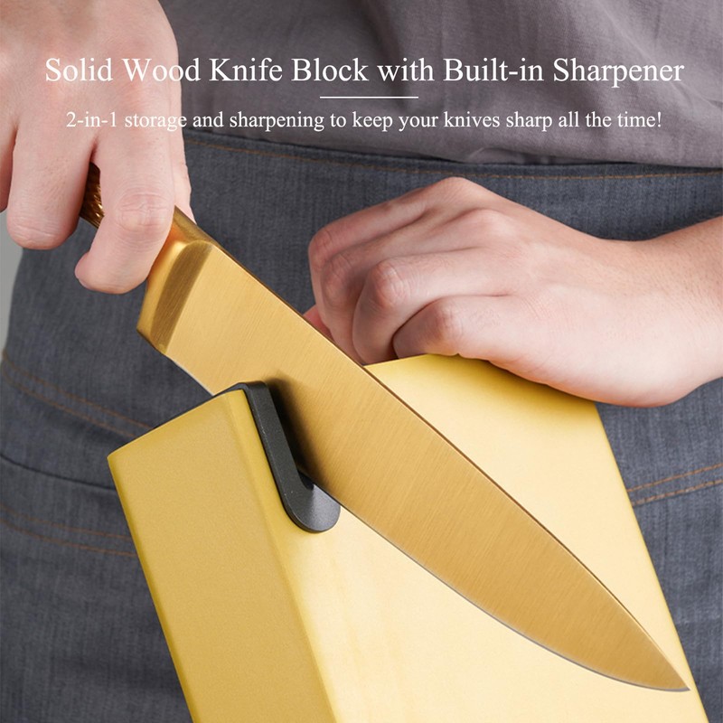 8-Piece Luxury Gold Kitchen Knife Set with Wooden Block Non-Rust