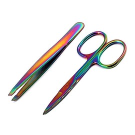DDP 2PCS RAINBOW EYEBROW SCISSOR STRAIGHT & TWEEZER SLANT TIP FACIAL HAIR REMOVER CHAMELEON STAINLESS STEEL MAKEUP TOOL