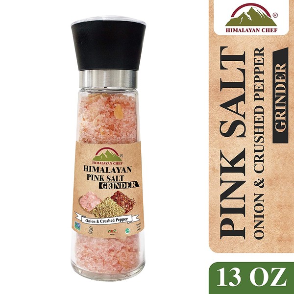 Himalayan Chef Pink Salt Glass Grinder, Roasted Onion & Crushed Red Pepper, 11.5 Ounces
