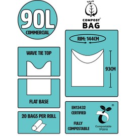 90L x 20 Compostable Compost Bag Food Waste Sacks - Commercial Size - 90 Litre Food Waste Bin Liners - EN 13432 - with Composting Guide