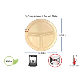Z-Moments Vintage Western Melamine 3-Compartment Round Plate Dinner Party Buffet Platter, 10-3/4" dia., White or Tan #2611 (24, Tan)