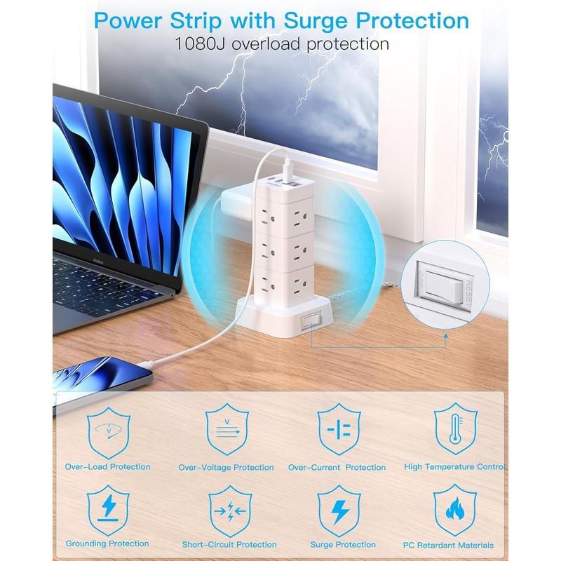 10Ft Tower Power Bars with Surge Protector, 12 Widely Outlets