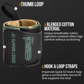 EVO Fitness Pair of 18” Deep Black Weight Lifting Wrist Wraps Support Elasticated Cotton Straps Thumb Loop Powerlifting Bodybuilding Strength Gym Training Workout (Camo Green)