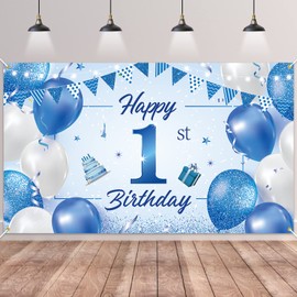 1st Birthday Backdrop Banner,BTZO Happy 1st Birthday Decorations Blue Newborn Boys Girls First Birthday Backdrop Photography Background Baby Shower Banner