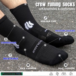 BRISIRA Coolmax Bamboo Viscose Compression Running Socks Men Women 3 Pack Crew Sport Sock for Hiking Walking Work Basketball with Cushion, Anti Blister & Odor, Moisture Wicking, Ankle & Arch Support