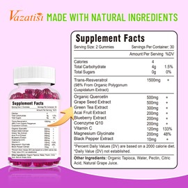 High Purity Resveratrol Gummies, 98% Trans-Resveratrol with Quercetin, Coq 10, Vitamin C - Reservatrol Supplement for Antioxidant, Joint, Anti-Aging - 120 Gummies