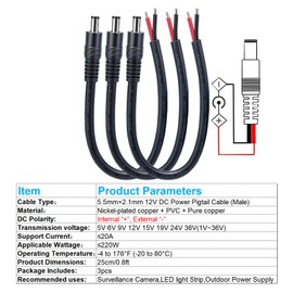 0.8FT 5.5mmx2.1mm 14AWG Pigtail Cable, 12V/24V Male Repair DC Power Cable DC5521 Connector, for CCTV Surveillance Camera, LED Strip Light, Storage Power Supply, Solar Panel(3-Pack)