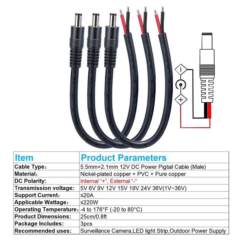 0.8FT 5.5mmx2.1mm 14AWG Pigtail Cable, 12V/24V Male Repair DC Power