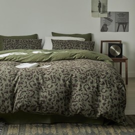 mixinni Leopard Duvet Cover Queen Size, Premium Yarn-Dyed Jacquard Cotton Duvet Cover with Green Leopard Print, Farmhouse Bedding Set with 2 Pillowcases Perfect for Him and Her-(Queen Size, Green)