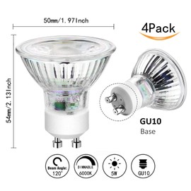 CTKcom 5W LED GU10 Spotlight Light Bulbs,120V Dimmable 6000K White Light, Glass Cover,50W GU10 Halogen Bulbs Equivalent, 450LM Ultra Bright LED Spot Light for Kitchen, Living Room, Bedroom(Pack of 4)