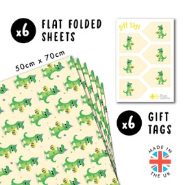 Dinosaur Wrapping Paper - 6 Sheets of Wrapping Paper - Dino Wrapping Paper - Birthday Wrapping Paper for Boys Kids Toddlers - with Stickers - Recyclable - by Central 23