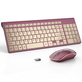 J JOYACCESS Teclado y Mouse Inalámbricos 2.4G USB Inglés QWERTY 2400DPI Ratón Delgado y Ergonómico Portátil y Amplia compatibilidad(Vino y Oro)