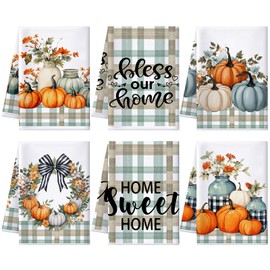 Geyoga Set of 6 Fall Thanksgiving Kitchen Towels Pumpkin Fall Hand Towels Autumn Dish Tea Towels for Kitchen Decorative Absorbent Fast Drying Cloth for Bathroom Cooking 16" x 24"(Green,Novel)