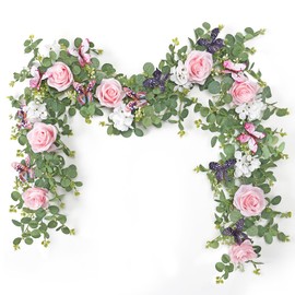 ASTNIC 2Pcs 5.9 Ft Pink Flower Garland Fake Rose Hydrangea Vines with 3D Butterflies Hanging Floral Flowers Ivy Eucalyptus Garland for Baby Shower Wedding Party Ceremony Arch Table Wall Home Decor