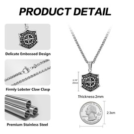 Crafted Compass Coin Necklace with Wheat Chain for Men, Mens Necklace with Compass Pendant Perfect for Travelers and Adventurers, 18 inch (18, Antique silver-Shield-Wheat Chain)