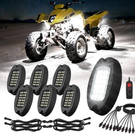 6 Pods Metal LED White Rock Lights for ATV SUV UTV RZR Car Trailer Truck Offroad, Alloy 6000K 24 LEDs Pure White Neon Underglow Light with Switch Extension Harness Under Trail Rig Fender Lighting