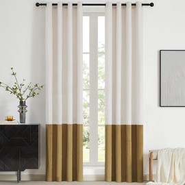 BULBUL Color Block Window Curtains Panels 102 inches Long Cream Ivory Gold Velvet Farmhouse Drapes for Bedroom Living Room Darkening Treatment with Grommet Set of 2