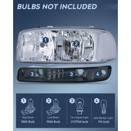 Nilight 1999-2006 GMC Sierra Yukon Headlight Assembly Chrome Case Clear Reflector Smoke