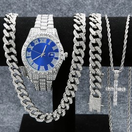 Set of 4, Men'S Watch Collection, Men'S Cuban Necklace and Bracelet Set, Holiday Gifts for Men and Women, Christmas PresentsColor: Silvery Blue