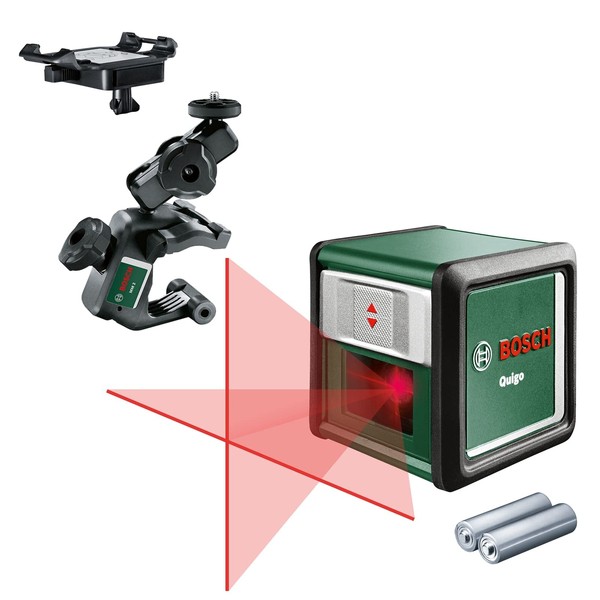 Bosch cross line laser Quigo with universal clamp MM 2 (easy and precise alignment with flexible positioning of the tool thanks to the universal clamp)