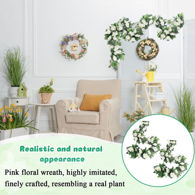 Flower Garland Decoration, 2 Pack White Artificial Flowers Garlands, 220cm