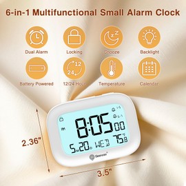 Geevon Small Travel Alarm Clock, Digital Alarm Clocks for Bedrooms Home Office, Battery Operated Desk Clock with 3 Inch Large Display, 2 Alarms, 5s Backlight, Snooze, Indoor Temperature, White