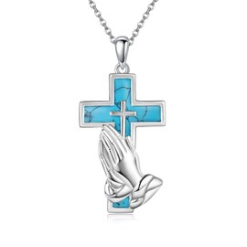 MONGAS Praying Hand Necklace Sterling Silver Serenity Prayer Necklace Turquoise Cross Necklace Protection Praying Hand Jewelry For Women
